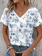 cheap Floral tee-Women's T Shirt Print Floral Graphic Stylish Classic Casual Short Sleeve V Neck Regular Tops Casual Daily Blue White Pink Summer Spring
