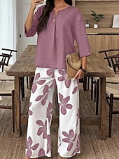 abordables Trajes de blusa para mujer-Women's Two Piece Sets Pants Sets 3/4 Length Sleeve V Neck Floral Graphic Print Daily Stylish Casual Daily Vacation Blue Purple Orange Summer Regular Fit