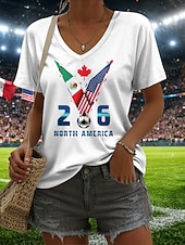  Women's T Shirt Print Graphic Soccer Team Stylish Classic Casual Short Sleeve V Neck Regular Tops Daily Blue Black White Green Summer Spring