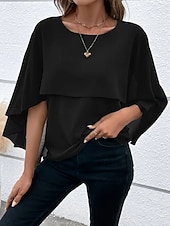 baratos Blusas Simples-Mulheres Blusa Franzido Côr Sólida à moda Básico Casual Manga 3/4 Gola Redonda Tops regulares Diário Azul Preto Rosa Vermelho Camelo Verão Primavera Outono