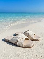 economico Infradito scivolosi-Sandali da donna stile boho color crema all'uncinetto - comode espadrillas intrecciate con cinturini incrociati &amp;Dettaglio con pon-pon per vacanze al mare e resort estivi &amp;viaggi sull'isola
