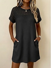 baratos Vestido branco-Mulheres Minivestido Vestido de renda Vestido Waffle Vestido T shirt Básico Clássico Diário Férias Normal Tecido Manga Curta Gola Redonda Preto Branco Rosa Damasco Verão Primavera