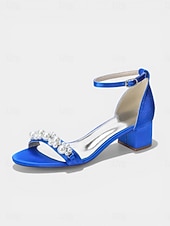 cheap Heeled Sandals-Women's Navy Pearl Embellished Chunky Heel Sandals - Elegant Ankle Strap Cocktail Party Dress Shoes