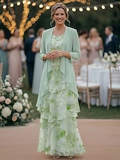 cheap Mom's Dress Sets-Two Piece A-Line Floor Length Wedding Guest Dress Mother of the Bride Dress Sleeveless 3/4 Length Sleeve Scoop Neck Elegant Simple Minimalist Formal Semi Formal Chiffon Jacquard with Floral Print
