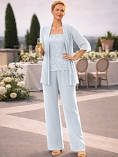 abordables Trajes de pantalón de mamá-Conjunto de pantalón vestido largo madre de la novia Manga larga Escote joya Elegante Simple invitada de boda con color sólido