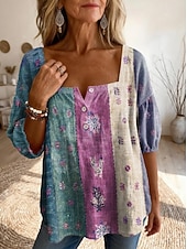 ieftine Bluze Art&amp;Design-Pentru femei Bluză Zdrobit Nasturi Imprimeu Floral Grafic Imprimeu Paisley Zilnic Stilat De Bază Manșon Jumate Pătrat Topuri lungi Zilnic Mov Deschis Maro Trifoi Vară Primăvară