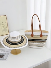 cheap Vacation &amp; Travel Bags-Women's Bohemian Striped Straw Tote Bag and Sun Hat Set, Boho Ethnic Woven Beach Vacation Handbag Set in Multiple Colors for Resort Travel, Casual Summer Outfits and Everyday Wear