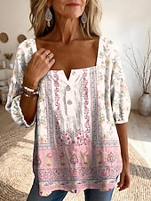 Χαμηλού Κόστους Λουλουδάτες μπλούζες-Γυναικεία Μπλούζα Σουρωτά Κεντητό Στάμπα Φλοράλ Γραφική Λαχούρι Καθημερινά Στυλάτο Βασικό Μισό μανίκι Τετράγωνη Λαιμόκοψη Κανονικά μπλουζάκια Καθημερινά