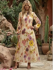 billige Elegante blomsterkjoler-Dame Maxikjole Chiffonkjoler Floral kjole Print kjole Elegant Mote Moderne utendørs Feriereise Ut på byen Normal Blomstret Langermet Høyhalset Lilla Sommer Vår