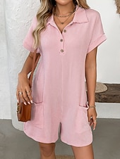 olcso nyaralás jumpsuit-Női Rugdalózók Aktív Tömör szín Rövid ujjú Széles lábszár Állógallér Zseb Gombok Napi Vakáció Laza öltözet Medence Arcpír rózsaszín Bor Nyár