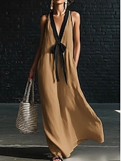 baratos Vestidos-Mulheres Vestido Longo Vestidos com toque de linho Vestidos Para o Verão Vestido A Line Vestido de verão Casual Diário Festa Feriado Ajuste Largo Tecido Sem Manga Decote V Azul Amarelo Claro Branco