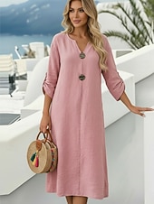 cheap Dresses-Women's Midi Dress Cotton Linen Dress Fashion Modern Daily Outdoor Vacation Loose Fit Plain Long Sleeve V Neck White Pink Green Light Blue Spring Fall