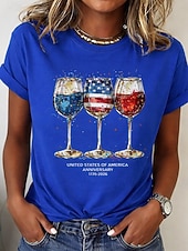 abordables Día de la Independencia Top-día de la independencia americana Mujer Camiseta Estampado Graphic Bandera Copa de vino Elegante Clásico Casual Manga Corta Cuello Barco Tops regulares Diario Azul Piscina Blanco Amarillo Rojo Negro
