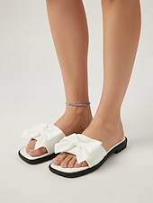 voordelige Slide Sandalen-Opvallende roze slippers met strik voor dames - chique platte slippers met vierkante neus en oversized decoratieve knopen, perfect voor luxe hotelvakanties en stranduitjes. &amp;zomerresort luieren