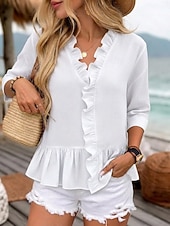 tanie Gładkie bluzki-Koszula damska 100% bawełniana bluzka koszula z falbanami patchwork jednolity kolor casualowa stylowa klasyczna nowoczesna długi rękaw dekolt w serek regularne bluzki na co dzień wakacje na wyjście