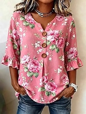 cheap Floral Blouses-Mardi Gras Women's Shirt Floral Graphic Vintage Stylish Long Sleeve V Neck Long Tops Casual Daily Holiday Sage Green Pink Green Summer Spring