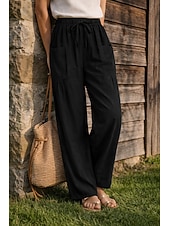 Недорогие Роскошные брюки-Жен. Широкие Льняные брюки Штаны Чино Отпуск Мода Классический Полная длина Нормальная Полотняное плетение Кулиска Плиссировка Карман Комфорт Легкость Дышащий Неэластичная