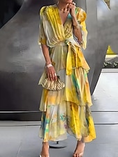 preiswerte Elegante Blumenkleider-Damen Midikleid Chiffonkleid Stufenkleid Druckkleid Mode Modern Urlaub Ausgehen Wochenende Normale Passform Abstrakt Kurzarm V Ausschnitt Blau Gelb Purpur Orange Sommer Frühling