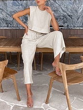 Недорогие Наборы-Women's Cotton Linen Sets Two Piece Sets Camis Sleeveless Crew Neck Plain Vacation Fashion Streetwear Casual Daily Outdoor Orange Brown Green Summer Regular Fit
