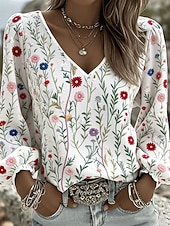 baratos Blusas Florais-Mulheres Camisa Social Imprimir Floral Gráfico Boêmia Férias Vintage Manga Longa Manga lanterna Decote V Tops regulares Casual Diário Feriado Azul Branco Amarelo Cinzento Verão Primavera