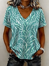abordables Camiseta floral-Mujer Camiseta Estampado Graphic Plantas Abstracto Elegante Clásico Casual Manga Corta Escote en Pico Tops regulares Casual Diario Rojo Morado Verde Trébol Gris Verano Primavera