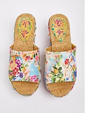 voordelige Slide Sandalen-vakantie citrustuin canvas hoge hak muiltjes