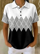 preiswerte Streifen- und geometrisches T-Shirt-Damen Waffel-Poloshirts Grafik Geometrisch Vintage Stilvoll Klassisch Kurzarm Polokragen Normale Oberteile Lässig Täglich Weiß Gelb Purpur Sommer Frühling