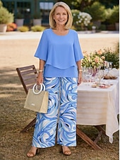  Жен. Комплекты брюк Рукав до локтя Бабочка Круглый вырез Цветочный принт Графика Элегантный стиль Отпуск Повседневные Отпуск Свадебный гость Синий Розовый Лиловый Весна лето Стандартный