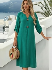 cheap Dresses-Women's Midi Dress Cotton Linen Dress Fashion Modern Daily Outdoor Vacation Loose Fit Plain Long Sleeve V Neck White Pink Green Light Blue Spring Fall