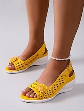 cheap Wedge Sandals-Women's Yellow Wedge Sandals – Breathable Open Toe Casual Sandals with Floral Detail for Garden, Travel, Vacation &amp; Daily Wear