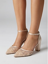 cheap Block Heel Pumps-Women's Champagne Embroidered Block Heel Pumps – Elegant Cocktail Party Dress Shoes