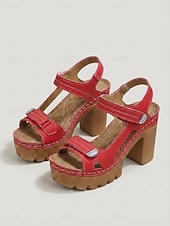 economico Sandali con tacco-Sandali da donna rossi con plateau e tacco a blocco – sandali a punta aperta con suola spessa e cinturino regolabile, scarpe estive casual alla moda per viaggi e feste in giardino &amp;abbigliamento