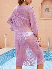 baratos Kaftans-Mulheres Roupa de Banho Cobertura roupa de banho Renda Férias Roupa de Praia Floral Manga Longa Fatos de banho