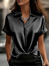voordelige Effen t-shirt-Dames Satijnen overhemd Blouse Effen Kleur Elegant Stijlvol Basic Korte mouw Overhemdkraag Normale tops Casual Dagelijks Kantoor blauw Zwart Rood Abrikoos Zomer Lente