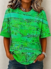 baratos Boho tee-Women's Waffle T-shirt Textured Knit Tops T Shirt Summer Tops Drop Shoulder Print Graphic Geometric Tribal Vintage Stylish Classic Short Sleeve Crew Neck Round Neck Regular Tops Casual Daily Blue
