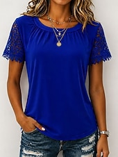 cheap Lace Tops-Women's Shirt Blouse Lace Tops Lace Plain Stylish Classic Modern Short Sleeve Crew Neck Regular Tops Daily Holiday Going out Blue Black White Pink Red Summer Spring
