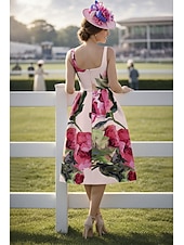 economico Lunghezza alla caviglia-Linea ad A Lunghezza alla caviglia Abito Derby Abito da cerimonia per signora Senza Maniche Scollo Tondo Elegante Vintage Derby del Kentucky Raso con Stampa floreale Fiore Stampa