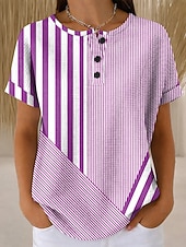 voordelige Stripe &amp; Geometrische t-shirt-Dames Wafel T Shirt Print Graphic Gestreept Vintage Stijlvol Klassiek Korte Mouw Crew Hals Reguliere Tops Dagelijks Blauw Paars Groen Khaki Zomer Lente