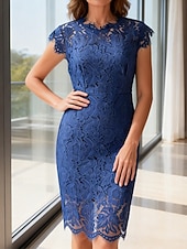 cheap Plain Dress-Women's Mini Dress Sheath Dress Elegant Party Cocktail Outdoor Party Wedding Guest Lace Patchwork Regular Fit Solid Color Sleeveless Crew Neck Blue Black White