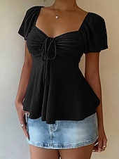abordables T-shirt uni-Femmes Chemisier Cordon de serrage Œillet Couleur Unie Élégant Sexy Occasionnel Manche Courte Col carré Hauts Réguliers Quotidien Noir Blanche Jaune Rose Claire Bleu Ciel Été Printemps