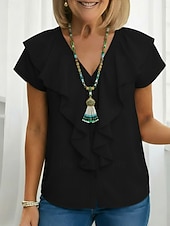 Χαμηλού Κόστους Επίσημες Μπλούζες-Γυναικεία Πουκάμισο Μπλούζα Με Βολάν Σκέτο Ενεργό Στυλάτο Αμάνικο Λαιμόκοψη V Κανονικά μπλουζάκια Καθημερινά ΕΞΩΤΕΡΙΚΟΥ ΧΩΡΟΥ Αργίες Μαύρο Λευκό Κρασί Σκούρο πράσινο Σκούρο μπλε Καλοκαίρι Άνοιξη