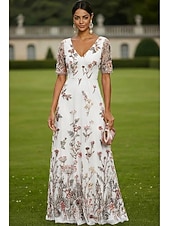 voordelige Vloerlengte-A-lijn Jurken Tot de grond Maxi-jurk Feestjurk Cocktail jurk Moeder van de bruid jurk Korte mouw V-hals Elegant Vintage Luxueus Formeel Bruiloft gast Kentucky Derby Chiffon Tule met Bloemenprint