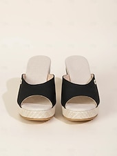 billige Kilesandaler-Svarte damesandaler med kilehæl og peep toe – uformelle sommerlige espadriller med platåsko for ferie og strandantrekk