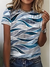 abordables Camiseta a rayas y geométrica-Women's T Shirt Print Graphic Geometric Striped Vintage Stylish Classic Short Sleeve Crew Neck Regular Tops Casual Daily Blue Light Green Pink Light Brown Black Summer Spring