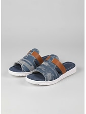 tanie Sandały typu slide-damskie sandały typu slip-on z denimu z akcentami ze sztucznej skóry, rustykalny szykowny styl farmhouse na grille na podwórku, spacery po wsi i codzienne codzienne noszenie