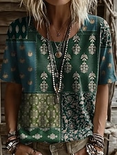 voordelige Boho t-shirt-Dames T-shirt Afdrukken Bloemig Grafisch Planten Vintage Stijlvol Casual Korte mouw V-hals Normale tops Casual Dagelijks Weekend blauw Blozend Roze Int Blauw Groen Zomer Lente