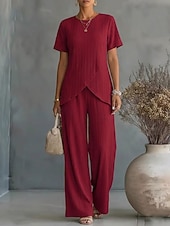  Dames T-shirt Broeken Sets Bolero Korte mouw Strakke ronde hals Effen Kleur Modieus Streetwear Dagelijks Buiten Vakantie blauw Wijn Groen Zomer Ruim Passend
