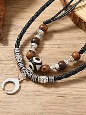 cheap Men's Jewelry-Men's Bohemian Style Double-Layer Necklace, Alloy &amp; Leather Cord Mixed Material, Crescent Moon Pendant, Adjustable, Perfect for Beach Vacation, Daily Casual Wear