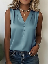  Pentru femei Top din satin Bluză Nasturi Culoare solidă Stilat De Bază Casual Fără manșon În V Topuri obișnuite Casual Zilnic Albastru piscină Alb Bleumarin Kaki Caisă Vară Primăvară