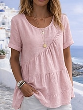 お買い得  エッセンシャルフェイクシャツ-女性用 Tシャツ フェイクリネンシャツ ティートップ フリル 平織り ファッション スタイリッシュ クラシック 半袖 クルーネック レギュラートップス 日常 お出かけ 週末 ブルー ブラック ホワイト イエロー ピンク 夏 春